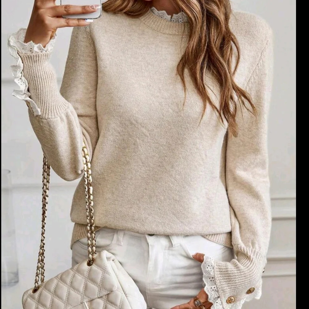 Women's Apricot Floral Trim Crew Neck Long Sleeve Knitted Sweater - Picture 5 of 6